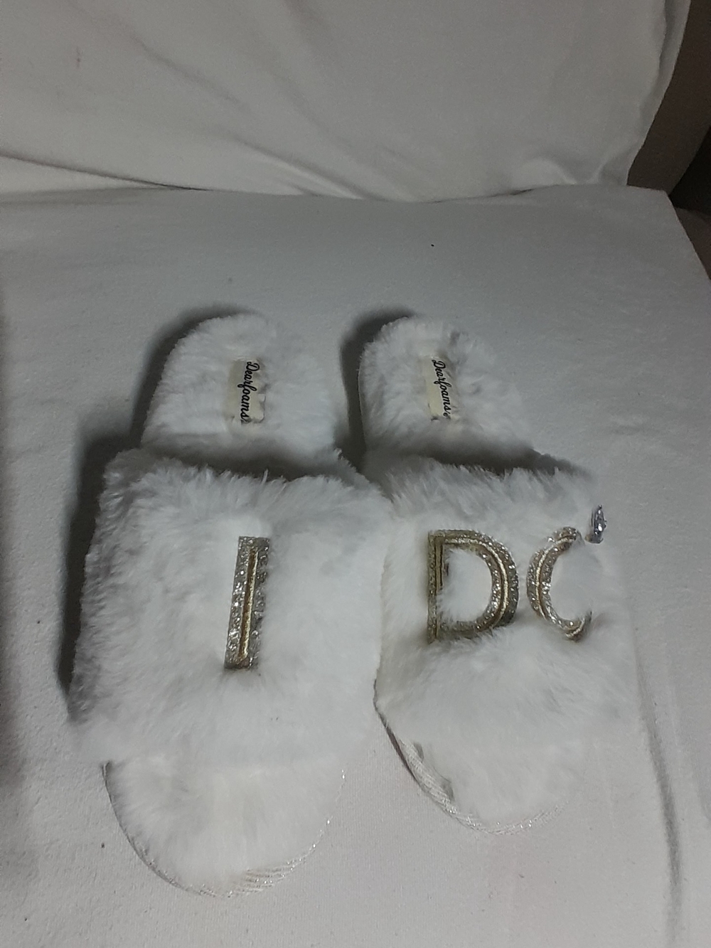 White Faux Fur Slide Slippers with Sparkling Letter Accents